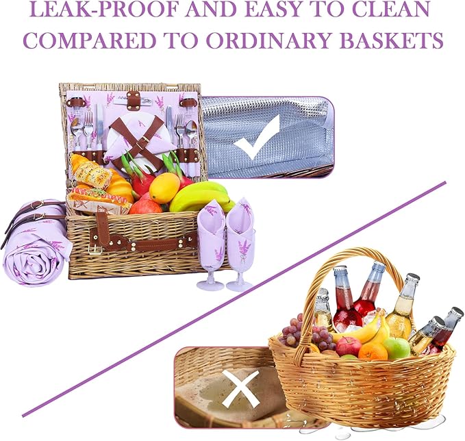 Neti Neti Wicker Picnic Basket for 4 with Insulated Cooler & Waterproof Blanket – Large Willow Picnic Hamper for Outdoor, Camping, Beach, Romantic Dates, Valentine’s Day