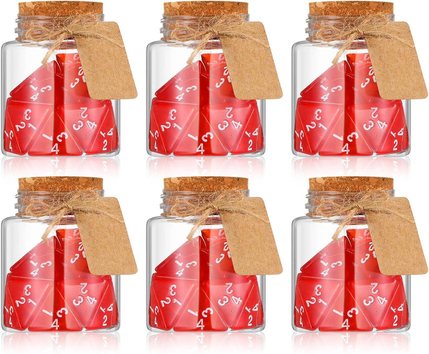 Wettarn 120 Pcs Transparent Red D4 Dice6 Pcs Pot Bottles Plastic Favor Jars with Cork Lids Healing Potion Bottles Polyhedral Dice Set for Party Favors Table Games(Round Style)