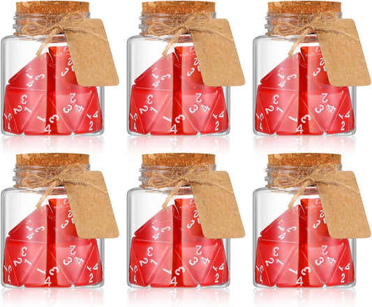 Wettarn 120 Pcs Transparent Red D4 Dice6 Pcs Pot Bottles Plastic Favor Jars with Cork Lids Healing Potion Bottles Polyhedral Dice Set for Party Favors Table Games(Round Style)