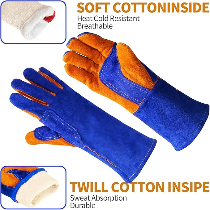 Leather Welding Gloves - Thick Premium Cow Split Leather, Heat Resistant, Welding, Grilling, BBQ & Fireplace