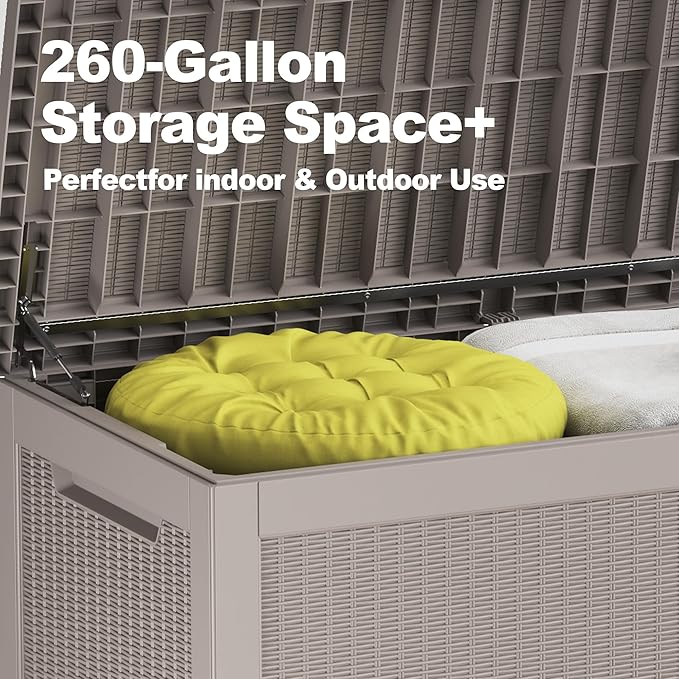 260 GallonOutdoor Storage Box,Resin Deck Boxes Waterproof, IndoorOutdoor Bin for Package Delivery, Patio Cushions, Gardening Tools, Lockable, UV Resistant