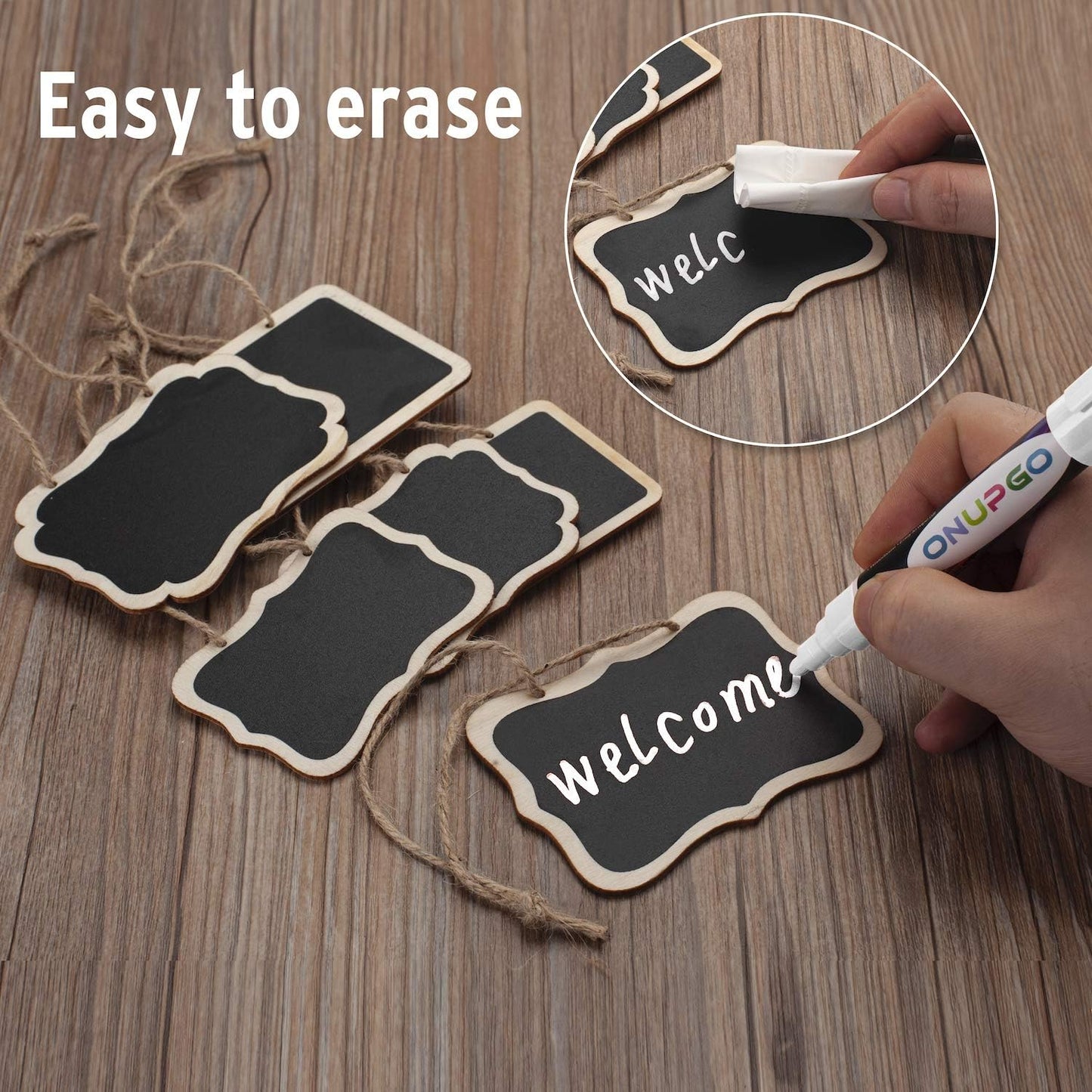 ONUPGO Mini Erasable Chalkboards, 20 Pack Wooden Hanging Labels, Price & Message Tags, Party Event Decorations