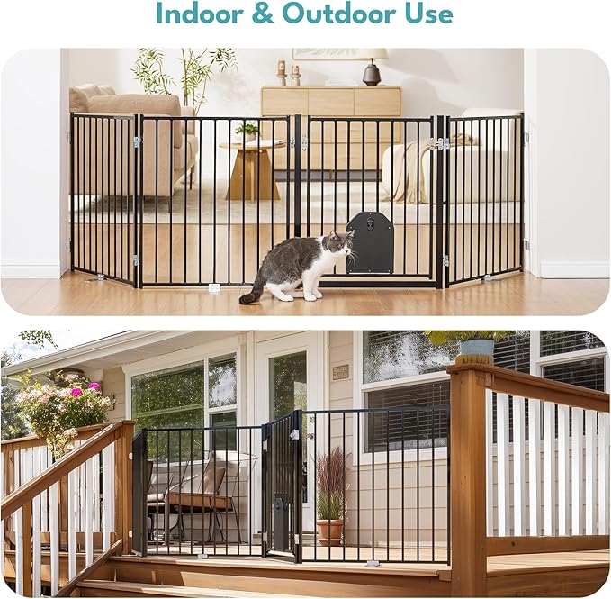 No Pawblems Dog Gate with Cat Door, Free Standing 30'' Tall Foldable Dog Fence for Indoor & Outdoor, Up to 78 Inch Extra Wide Puppy Gate for Stairs, Hallways, Doorways, Deck, Yard (Black, 3 Panels)
