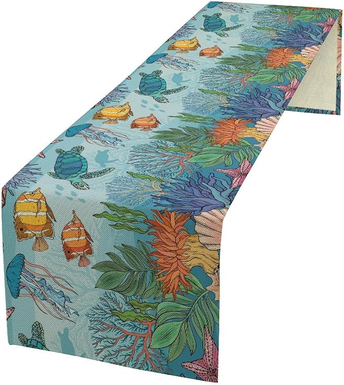 Coastal Table Runner, Ocean Nautical Coral Starfish Seashell Sea Turtle Table Runner for Dining Table Kitchen Party Picnic Home 13x90in