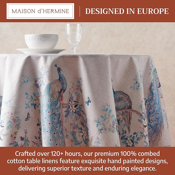 Maison d'Hermine Premium Table Cloth Round Table 100% Cotton 70 Inches Tablecloth Reusable Decorative Everyday Use for Dining Room, Farmhouse, Home, Party, Festive & Wedding - Peacock Utopia - Orginal
