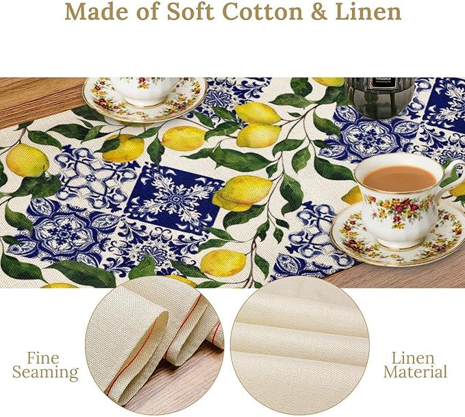 Lemon Fruit Nature Table Runner Farmhouse Talavera Ethnic Folk Rustic Watercolor Blue Dining Table Decoration for Home Holiday Party Dresser Kitchen Cabin Restaurant Wedding Decor 13×90in
