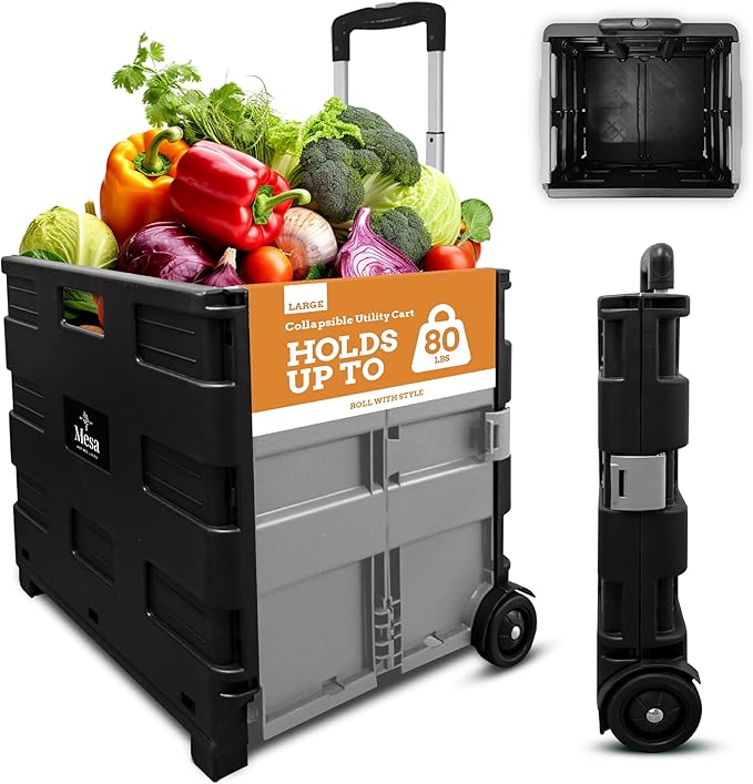Inspired Living Ultra-Slim Rolling Collapsible Storage Pack-N-Roll Utility-carts, with Telescopic Handle, for Home, Garden, Shopping, Office, School use, Large, Grey & Black