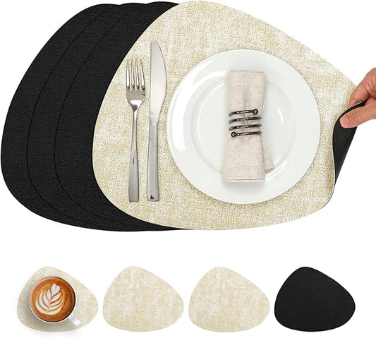 Placemats and Coasters, Washable Reversible Placemats Round Faux Leather Wipeable Place Mats Non Slip Heat Resistant Indoor Outdoor Table Mats (Set of 4, Cream Black)