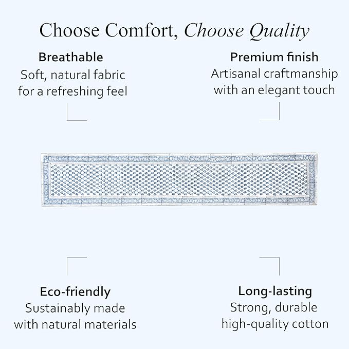 CPC Cotton Table Runner 16x108 Inch Block Printed Long Fall Table Runner for Dining Table, Card Table, Coffee Table, Wedding, Farmhouse & Outdoor Barbeque-Apatite Blue