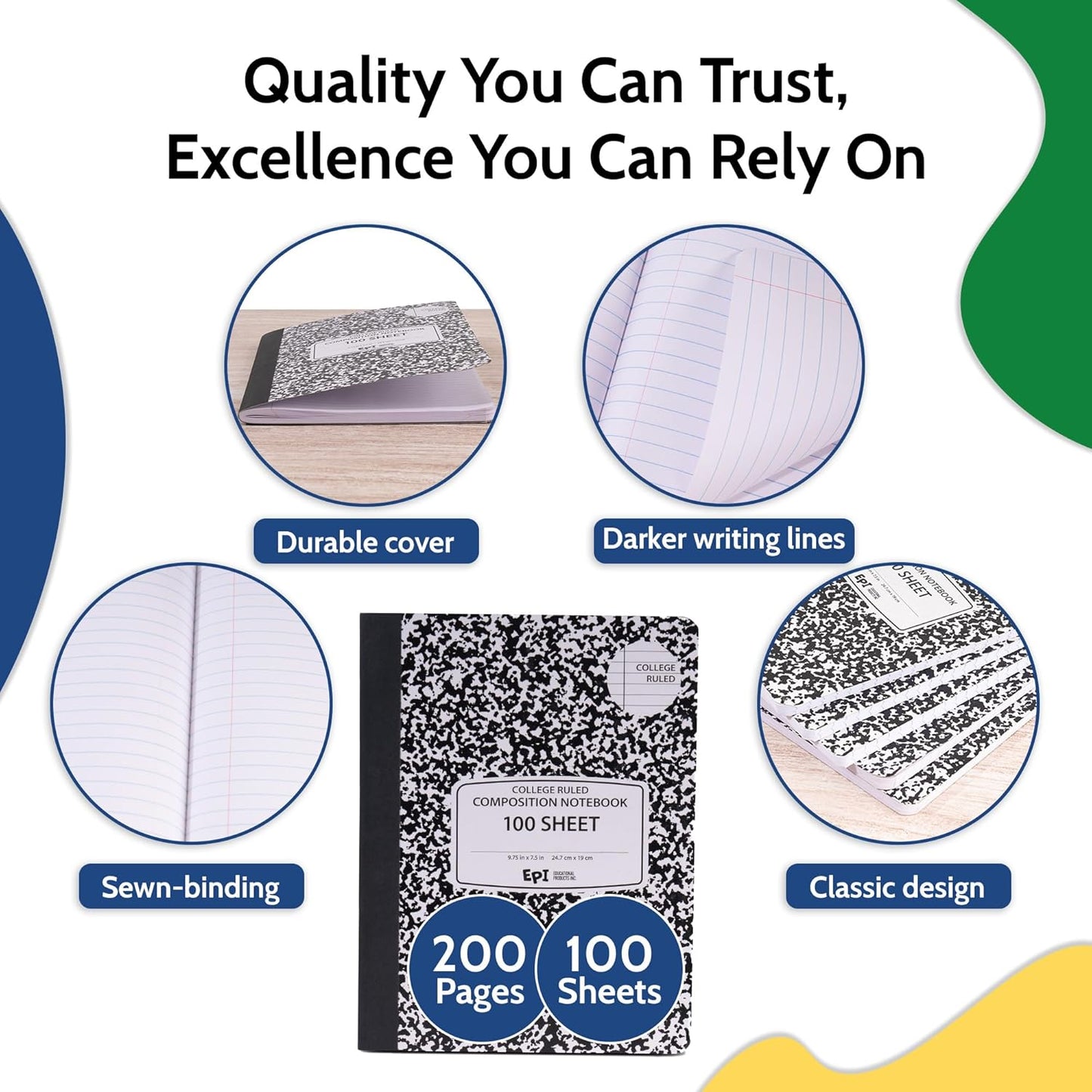 EPI Marble Hardcover College Ruled Composition Notebook | 200 Pages (100 Sheets), 9.75 x 7.5 in, Sturdy Sewn Binding | School, Office, Journaling, Notes - 12 Pack