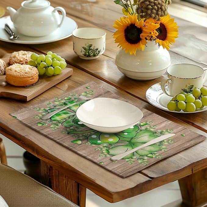 St Patricks Day Eucalyptus Leaves Placemats Set of 4, 12x18 Inch St Patrick Wooden Plank Dining Table Placemats Shamrock Spring Washable Heat Resistance Table Mats for Kitchen Dining Decor