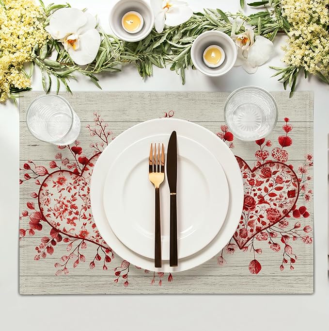 Valentine Wooden Heart Placemats Set of 4, 12x18 Inch Valentines Chinoiserie Red Floral Dining Table Placemats Heat Resistant Washable Table Mats for Kitchen Dining Holiday Indoor
