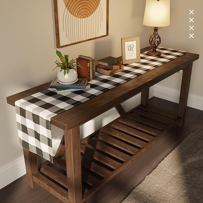 Encasa XO Cotton Dining Table Runner | Buffalo Black Checks | Size 13x120 in - Machine Washable & Durable