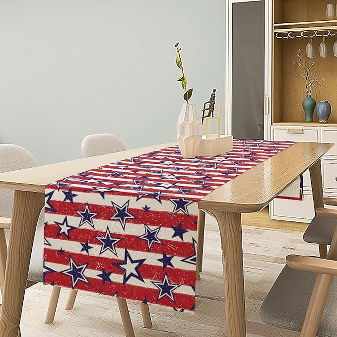 4th of July Table Runner, Vintage American Independence Day Stripes and Stars Patriotic Table Center Decor for Home Kitchen Dining Party Outdoor Holiday 13x70in