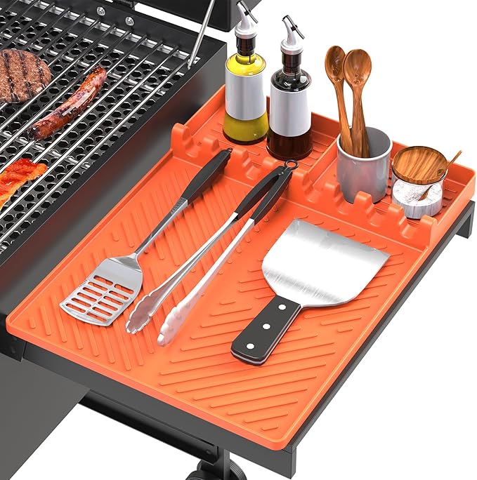 Silicone Grill Mat Compatible with Blackstone, BBQ Griddle Tools Mat with Drip Pad, Spatula Mat for Outdoor Kitchen Counter, Gifts for Men (Orange)