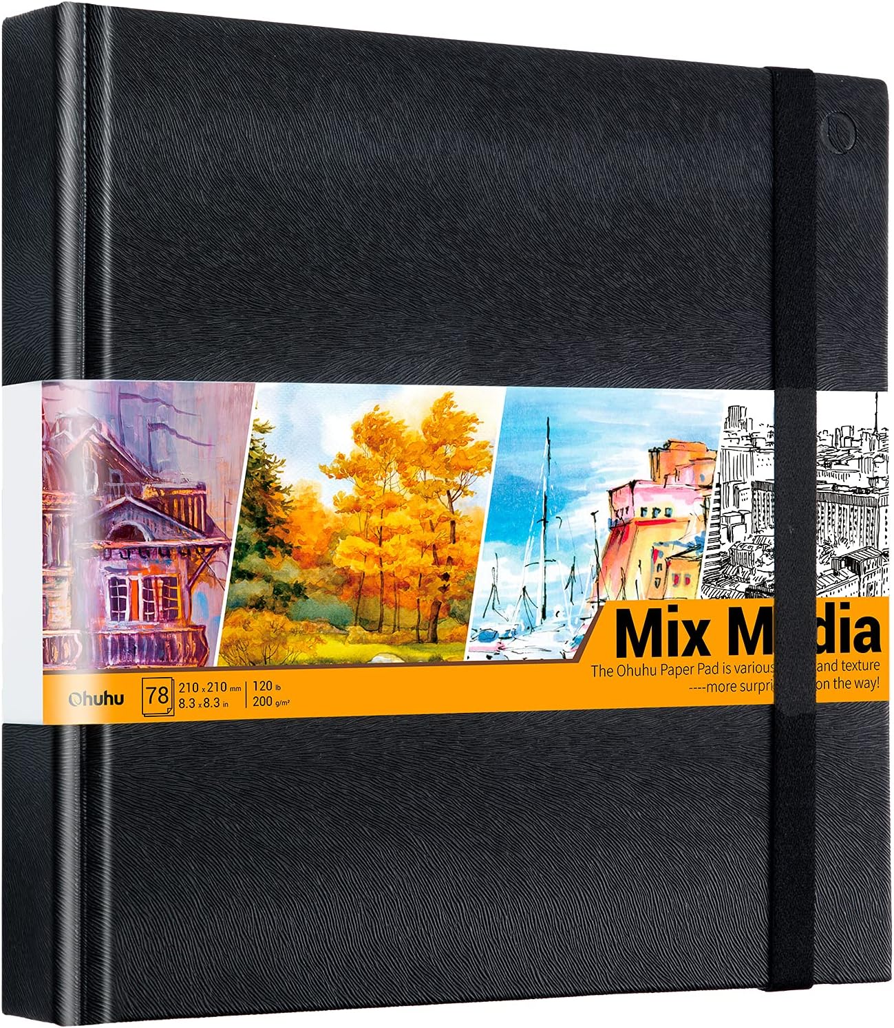Ohuhu Mix Media Pad - 8.3"x8.3" Mixed Media Art Sketchbook, 120 lb/200 GSM Heavyweight Papers, 78 Sheets/156 Pages, PU Hardcover Mixed Media Paper Pad for Acrylic Painting Christmas Gift