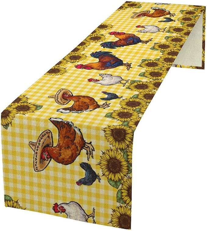 Farm Rooster Table Runner, Retro Western Farmhouse Chicken Sunflower Retro Yellow Buffalo Grid Print Table Runner for Dinning Holiday Party Indoor Outdoor Decor, 13x60inch