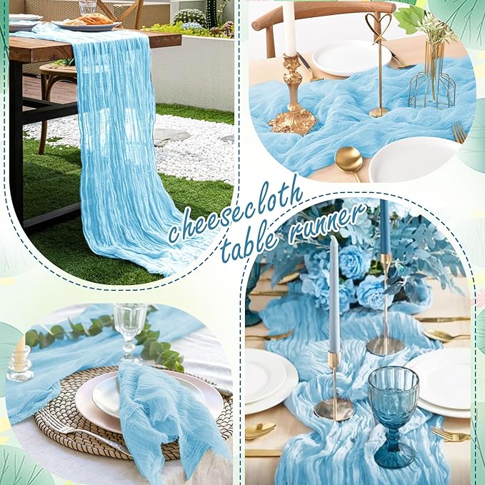 20 Packs Cheesecloth Table Runner 10FT Long Boho Gauze Fabric Table Runner Vintage Rustic Sheer Runners for Wedding Party Bridal Baby Shower Table Decorations (Light Blue )