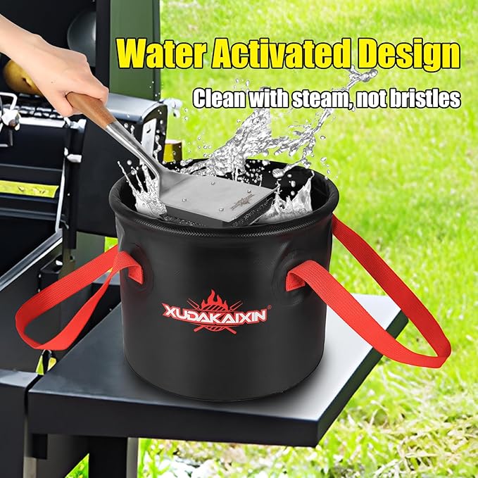 Upgraded Grill Brush Bristle Free,Water-Activated steam Effectively Cleans The Grill.Unique Wave pad for Cast Iron/ (Black-Water Bucket)