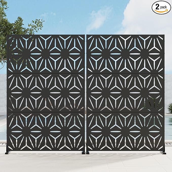 Casaphoria 72" H x 45" W Metal Privacy Screen, 2 Pack Outdoor Freestanding Decorative Divider for Patio & Garden with Stable Base, Black-Star