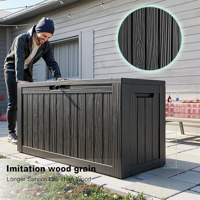 90 Gallon Waterproof Resin Deck Box, UV Resistant Outdoor Storage for Garden, Patio, Porch, Delivery, Striped Black