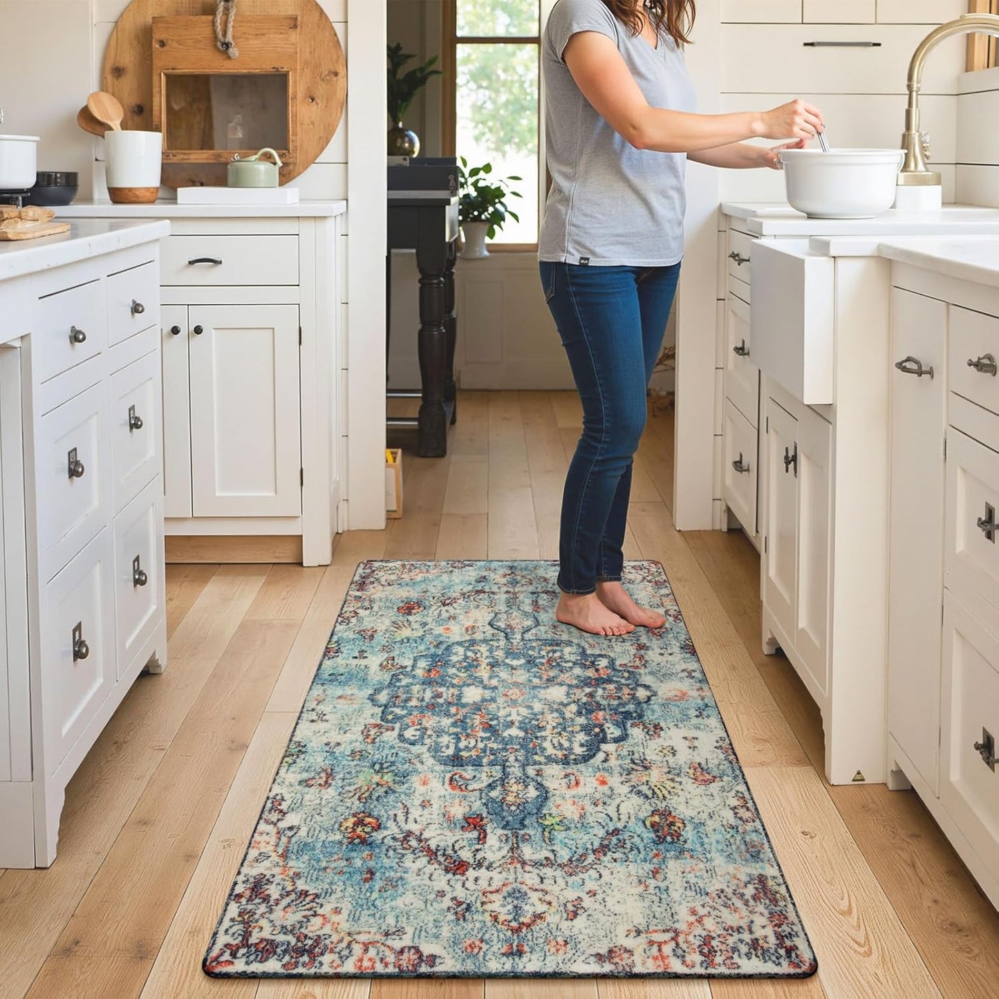 Lahome Bohemian Floral Medallion Area Rug - 3x5 Vintage Teal Distressed Entry Throw Rug Turkish Faux Wool Accent Rug Non-Slip Washable Low-Pile Carpet for Bathroom Entrance Living Bedroom