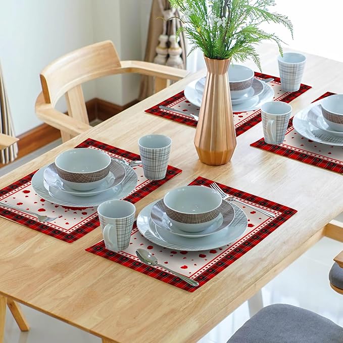 Giwawa 4PCs Valentines Day Placemats 12x18 Inch Love Hearts Rose Flower Place Mat Red Black Buffalo Plaids Non Slip Heat Resistant Table Mats for Kitchen Dining Holiday Wedding Anniversary Decor