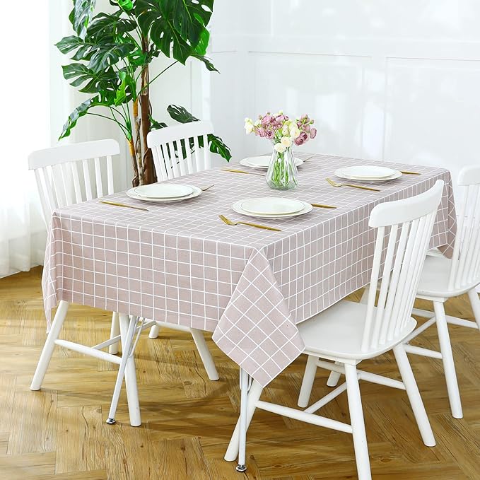Romanstile Rectangle Vinyl Tablecloth, 100% Waterproof Oil-Proof Checkered Plastic Table Cloth, Heavy Duty Wipeable Table Covers for Dining, Camping, Picnic, Outdoor - 52 x 70 Inch, Sand