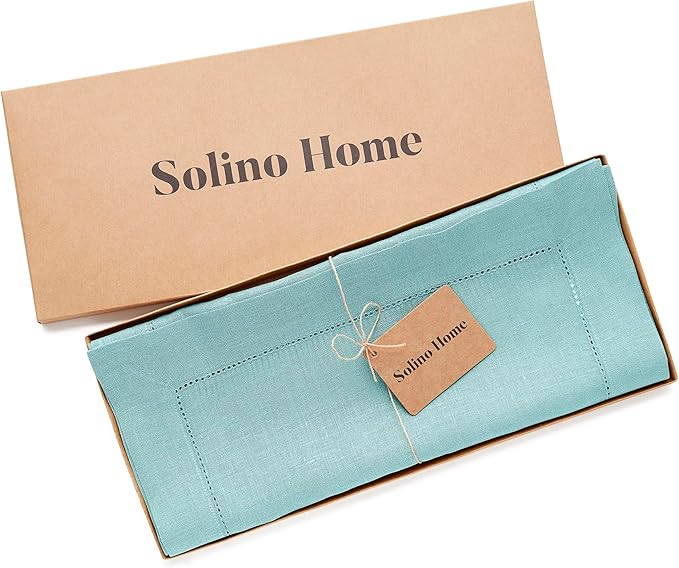 Solino Home Linen Aqua Blue Table Runner 156 Inches Long - 100% Pure Linen Extra Long Table Runner 14 x 156 Inch for Winter, Spring, Easter - Classic Hemstitch