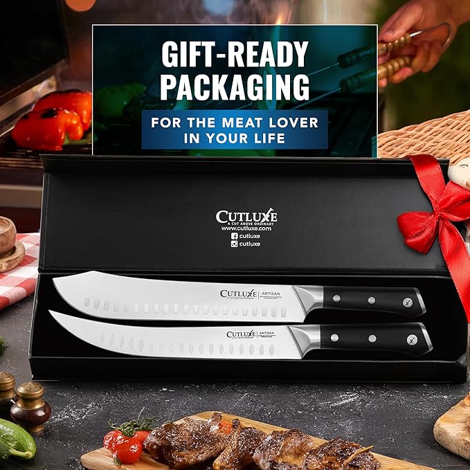 Cutluxe Butcher Knife Set – Cimeter Breaking & Bullnose Carving Knives for Meat Cutting – Professional Knife Set, Razor Sharp German Steel,Full Tang, Ergonomic, Butcher Knives for BBQ – Artisan Series