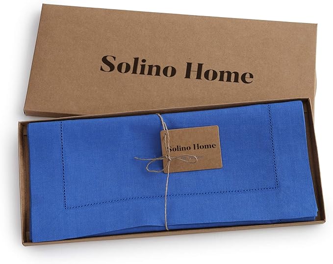 Solino Home Linen Royal Blue Table Runner 132 Inches Long - 100% Pure Linen Extra Long Table Runner 14 x 132 Inch for Spring - Classic Hemstitch