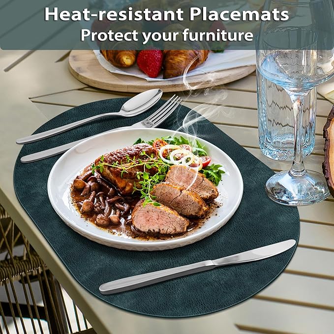 ADRIMER Placemats, Heat Resistant Oval Placemats Set of 4 Washable 12 x 17 Inch, Waterproof Table Mats, Wipeable Pu Place Mats for Kitchen, Dining Room, Dark Blue