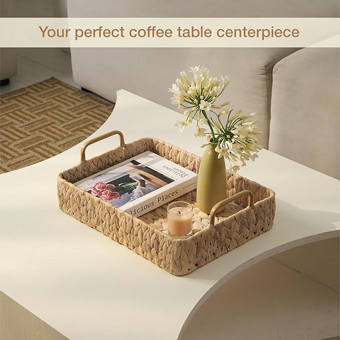Set of 2 Rectangular Wicker Trays with Handles - Decorative Trays for Coffee Table, Ottoman, Dining Room, Living Room (White)