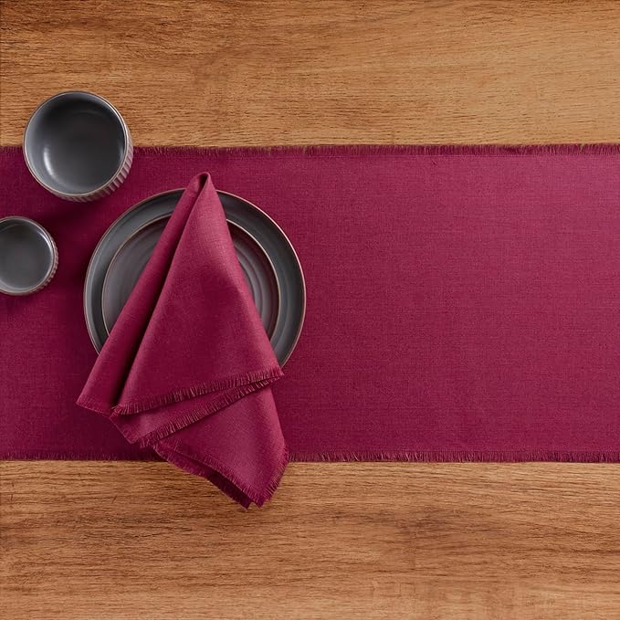 Solino Home Fringe Linen Table Runner 90 Inches Long - 100% Pure Linen Beet Dining Table Runner 14 x 90 Inch for Valentines, Winter