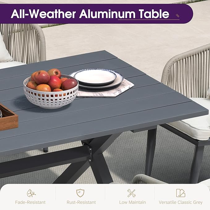 PURPLE LEAF 5 Pieces Patio Dining Set Wicker Outdoor Furniture Rectangular Table and Chairs Set for Garden Deck Aluminum Frame Backyard Kitchen Set, Cushions and Pillows Included Taupe