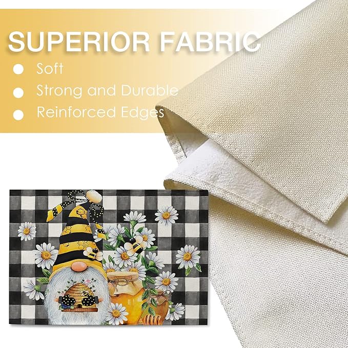Seliem Spring Bee Gnome Daisy Placemats Set of 4, Honey Black White Buffalo Check Plaid Dining Table Place Mats, Summer Seasonal Farmhouse Kitchen Decor Home Decoration 12 x 18 Inch
