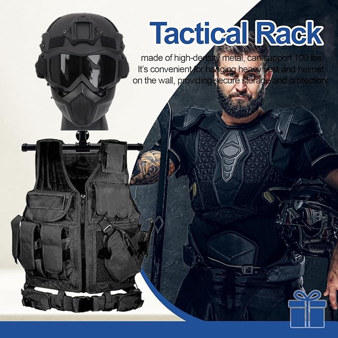 Wall Mount Vest Hanger Tactical Gear with Helmet Display Stand, Heavy Duty Police Gear Rack, Airsoft Plate Carrier Accessories, Samurai Armor Holder, Motorcycle Gear Storage