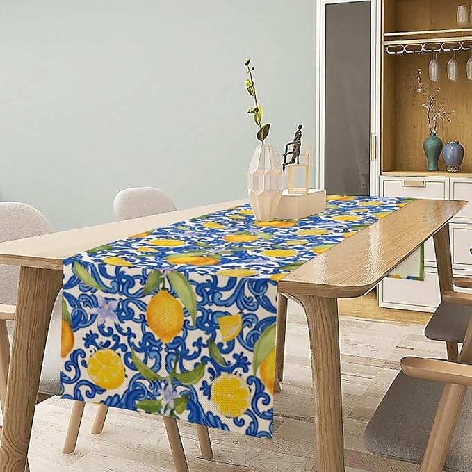 Rustic Lemon Table Runner,Vintage Morocco Blue Mediterranean Spring Summer Fruit Print Table Runner for Farmhouse Kitchen Dining Table Home Party Decor 13x36in