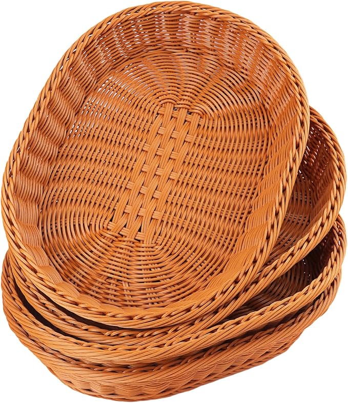 4 Pack 15.7 Inch Oval Poly Wicker Baskets, Plastic Oval Wicker Baskets, Rustic, Durable & Easy-Cleaning Wicker Bread Basket, for Home, Restaurant & Hotel Use, Brown