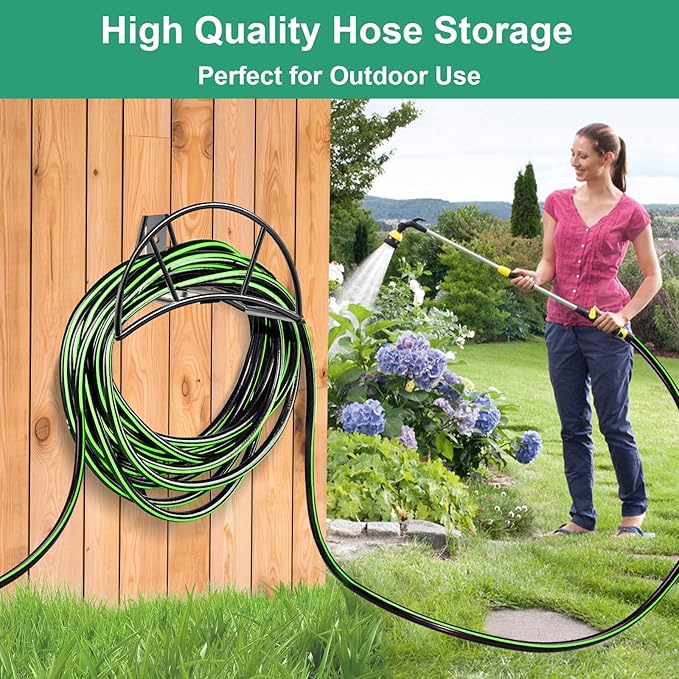 TomCare Garden Hose Holder Wall Mount Metal Water Hose Holder Holds 125Ft Hoses Heavy Duty Hose Hanger Sturdy Hoses Storage Organizer for Outside Yard Garden, Black