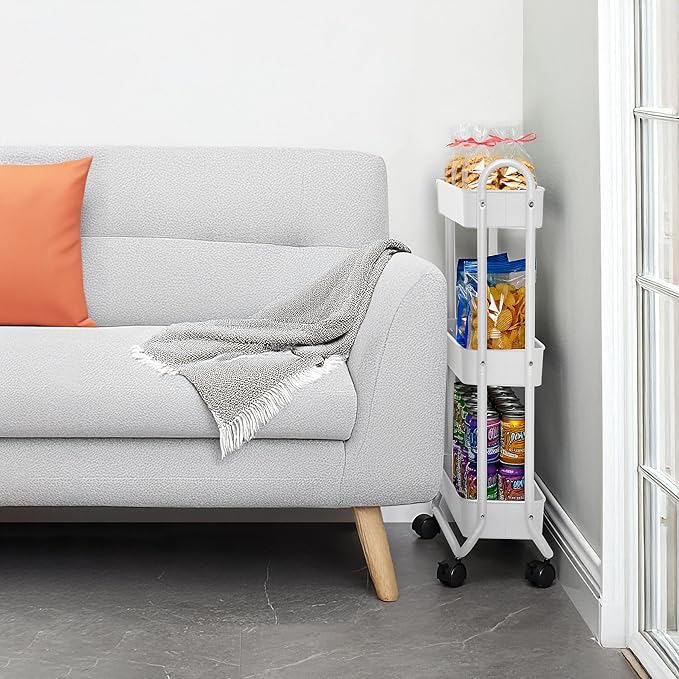 SunnyPoint Slim Rolling Storage Cart, 3 Tier Bathroom Storage Organizer Bathroom, Laundry Utility Cart (White)
