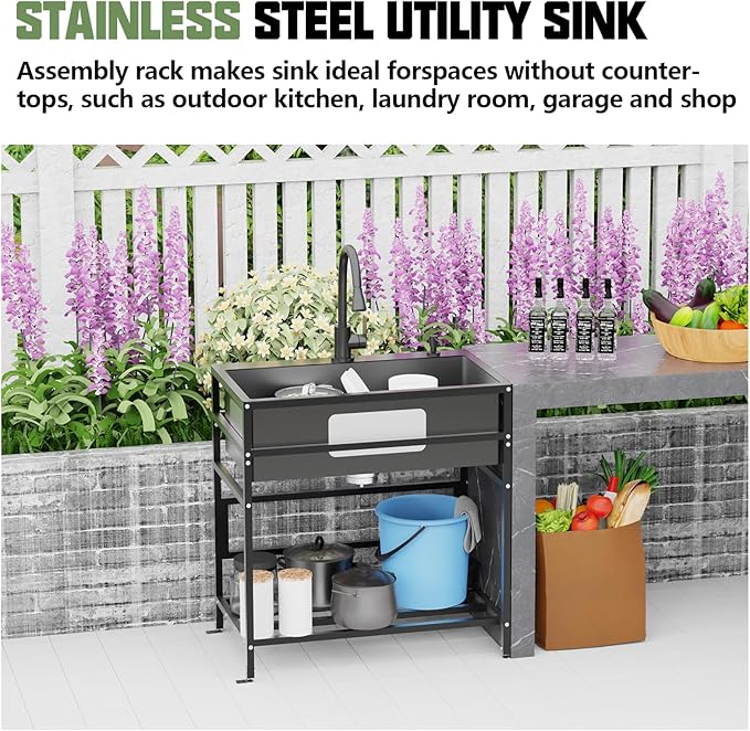 Black 30x18 Inch Freestanding Utility Sink-Stainless Steel Laundry Sink Practicality With Accessories Black Stainless Faucet,Soap Dispenser, SS Sink Grid For Laundry,Garage,Outdoor Kitchen,Garden...