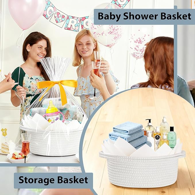 Baskets for Gifts Empty with Bag Card Ribbon Tissue Paper Small Woven Basket Gift Baskets with Handles for Valentine's Day New Year Baby Shower (White 12"X 8" X 5")
