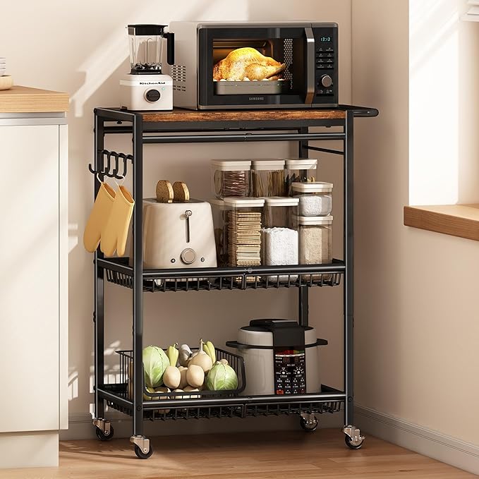 Microwave Kitchen Cart with Push Handle, 3 Tier Rolling Cart with 2 Lockable Wheels, Vintage Kitchen Storage Cart with 210Lbs Capacity for Kitchen Island, Restaurant, Coffee Bar, Living Room, Office