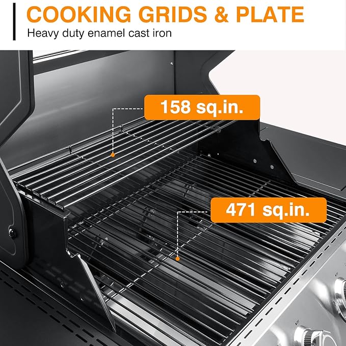 4 Led Burner Propane Gas Grill with Side Burner & & Visual Glass, Stainless Steel Gas Grill with Enameled Cast Iron Grates, 60,000 BTUs Output for Outdoor Cooking and Patio Backyard Barbecue