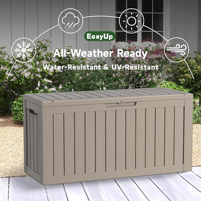 EasyUp 80 Gallon Outdoor Storage Box Waterproof, UV Resistant Resin Deck Box with Hydraulic Rod, Reinforced Stability for Patio, Garden, Striped Gray