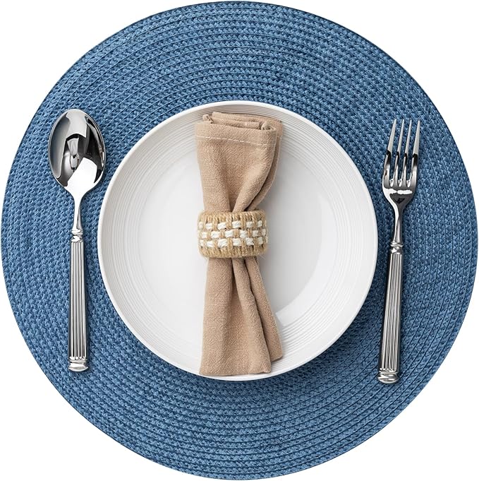 Round Placemats Set of 12 Plastic Woven Placemats Washable Wipeable Table Mats for Dining Table Heat Resistant Non-Slip Circle Place Mats (Royal Blue)