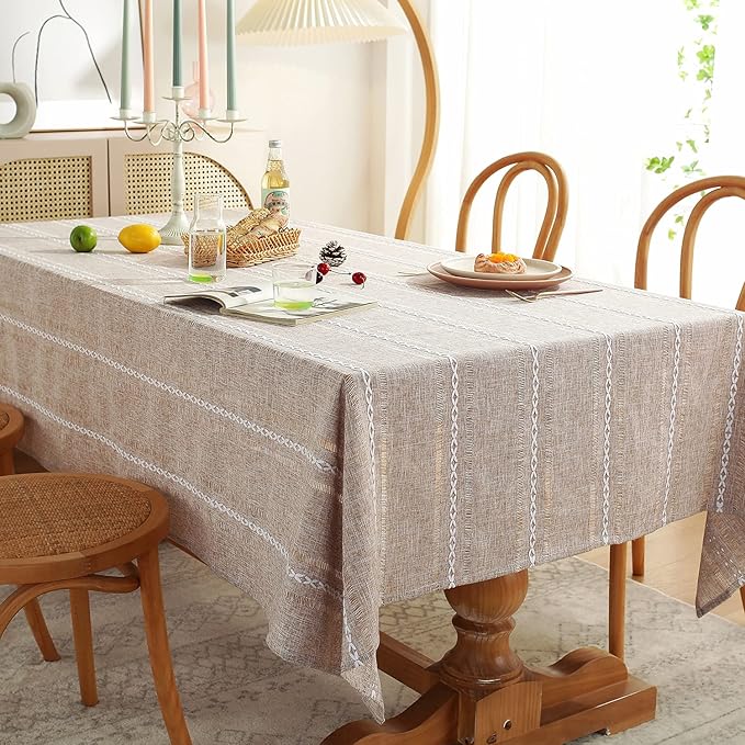 Chassic 60 x 104 inches Farmhouse Style Linen tablecloths, Wrinkle Resistant Washable Dining Room Table Cloths for 6 Foot Rectangle Tables - Hemstitch Light Coffee