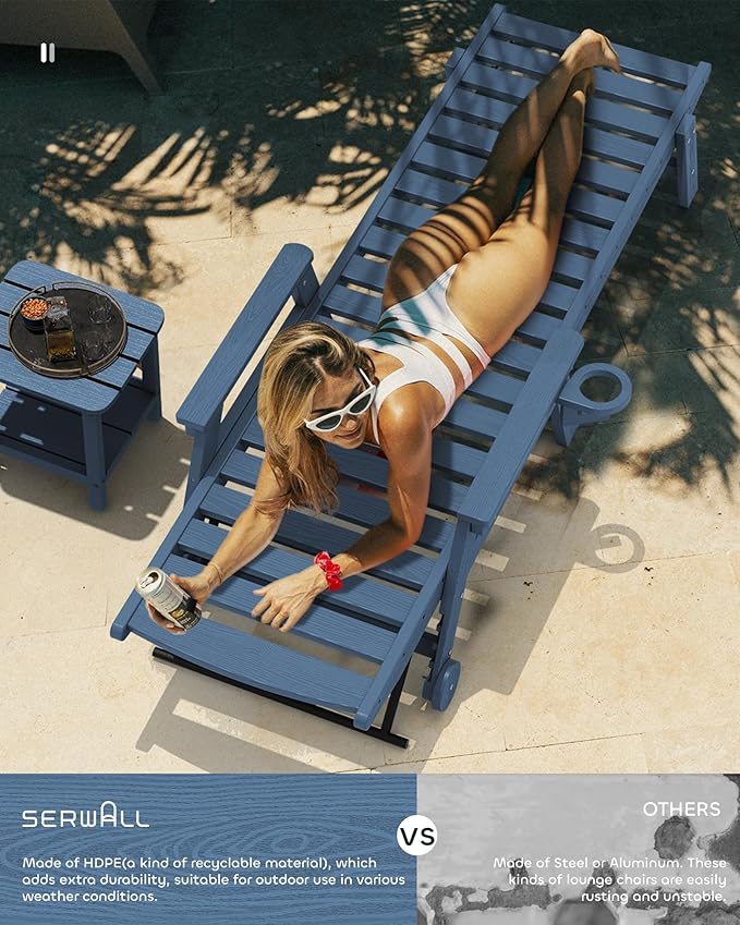 SERWALL Patio Chaise Lounge Chair, 78'' Long HDPE 5 Positions Adjustable Outdoor Lounger, Poly Lounge Chair with Rolling Wheels & Cup Holder for Pool, Navy Blue