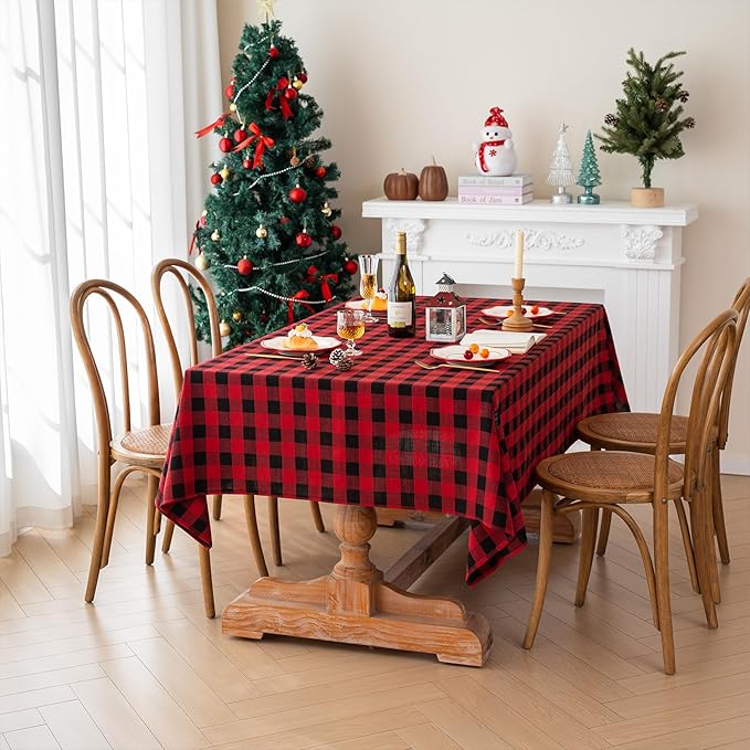 Christmas Gingham Tablecloth Heavy Duty Cotton Linen Red 60x84 inch Plaid Christmas Table Cloth Reusable Waterproof Foldable Tablecloths Xmas Table Cover for New Year Party Decor